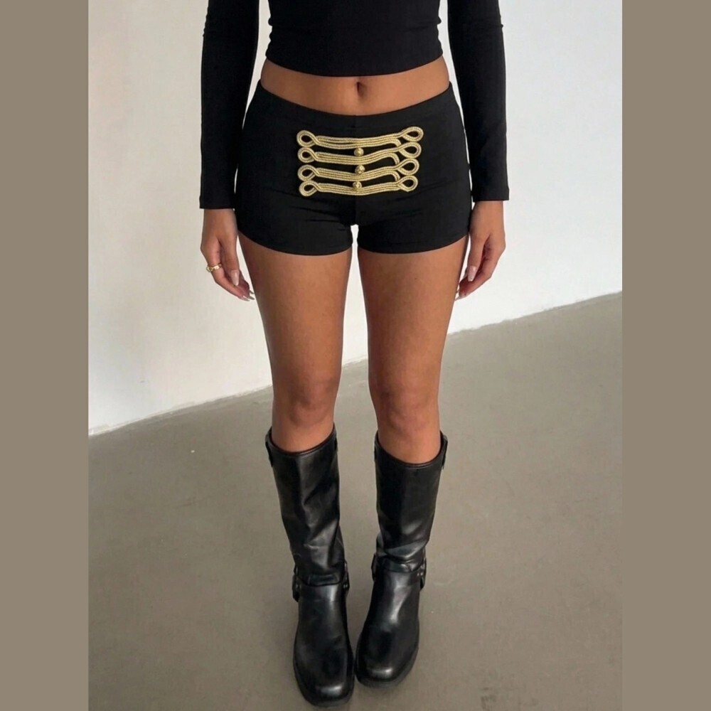 Black Gold Braided Trim Low Rise Skinny Fit Mini Shorts